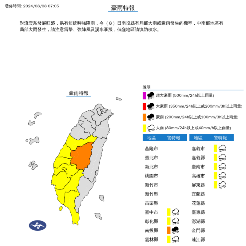 今天中南部9縣市須注意大雷雨或暴雨，南投更有局部大雨有豪雨發生。   圖：中央氣象署／提供