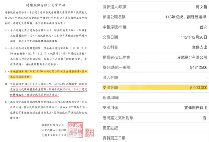 時樂公司發出聲明對柯文哲申報經費提出說明。   圖：翻攝四叉貓臉書