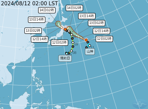 輕度颱風「瑪莉亞」（左）與「山神」颱風，預測路徑是雙雙朝日本撲去，對台灣沒有影響。   圖：中央氣象署／提供