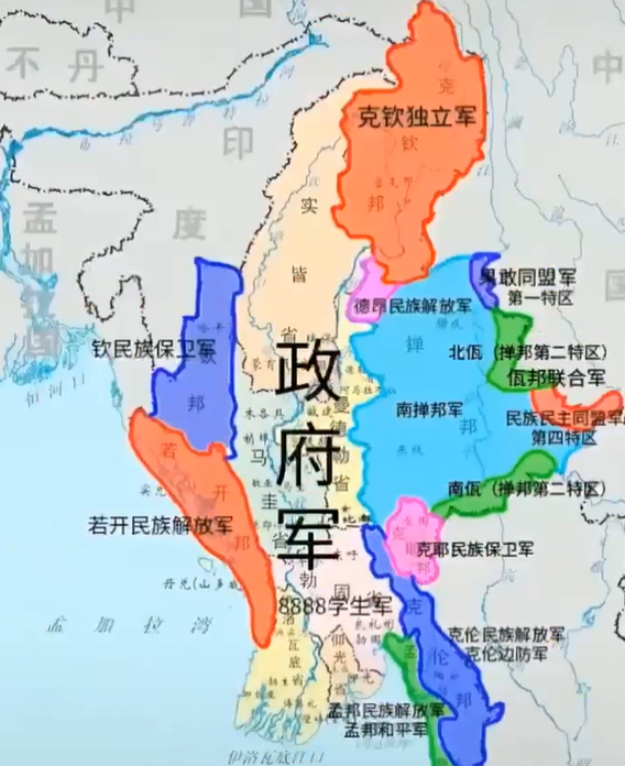 緬甸政府軍掌控地區與各地叛軍盤據區域。   圖:翻攝自窪地老劉 X