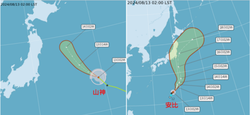 中央氣象署路徑潛勢預測圖顯示，輕颱山神在日本東方海面，偏西北移動，明日2時在日本本州外海，變性為「溫帶氣旋」(左圖)；輕颱安比受大低壓環流導引，其邊緣將在週六掠過本州東南側、大迴轉加速遠離(右圖)。   圖：翻攝自中央氣象局