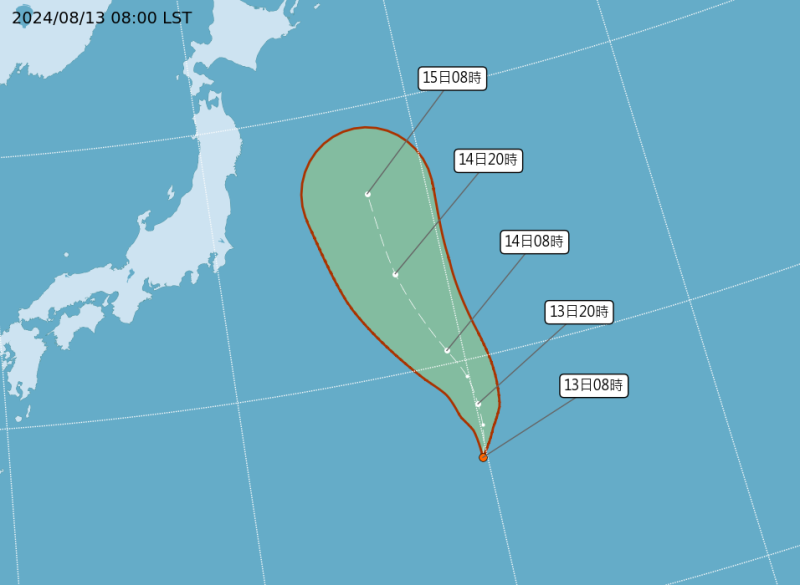 稍早又有新的熱帶性低氣壓生成，最快明天生成今年第8號颱風「悟空」，路徑預估仍接近日本。   圖：翻攝自中央氣象署官網
