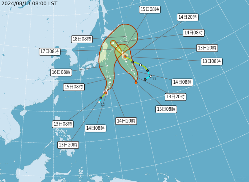 目前日本南方海面，有兩個颱風及1個熱帶性低氣壓。   圖：翻攝自中央氣象署官網