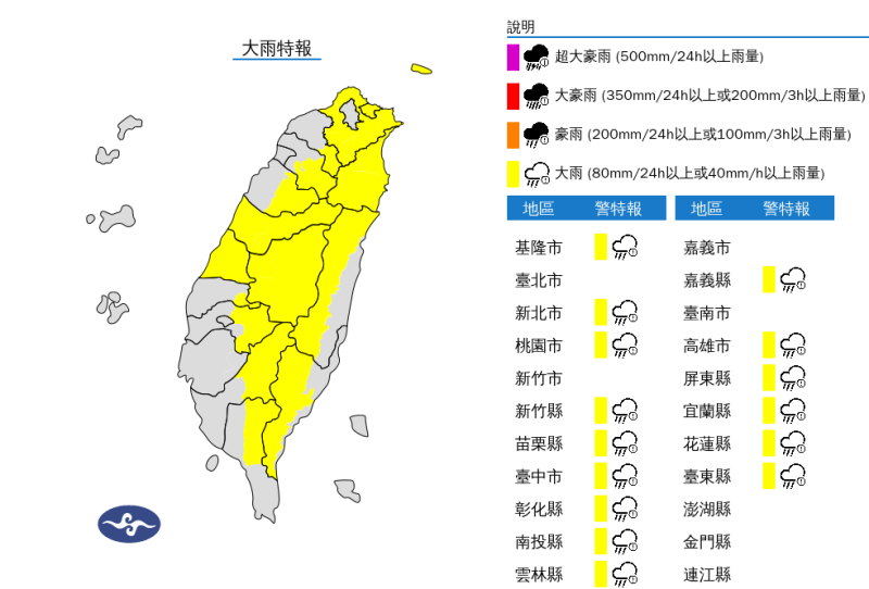 午後對流雲系發展旺盛，易有短延時強降雨，今(13)日新北、基隆、宜蘭、台中、彰化、南投地區及各地山區有局部大雨發生的機率。   圖：翻攝自中央氣象署官網