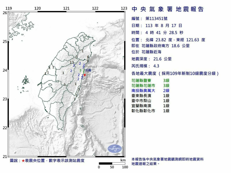 花蓮近海今（17）天清晨4點41分發生規模4.3地震，最大震度3級。   圖：氣象署提供