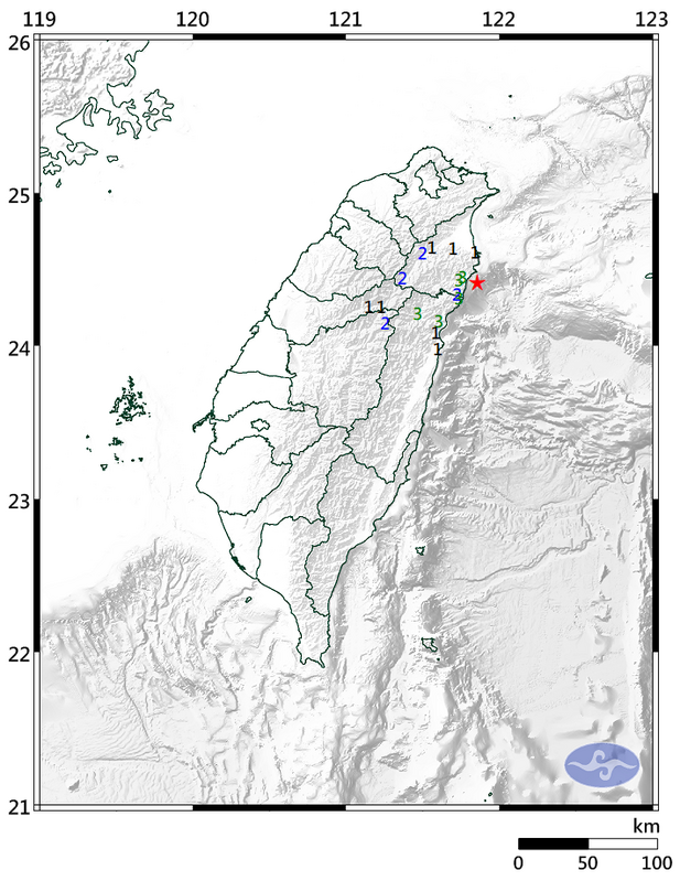 宜蘭縣近海今日13時20分發生芮氏規模4.0地震，最大震度3級出現在宜蘭縣武塔及花蓮縣和平。   圖：氣象署／提供