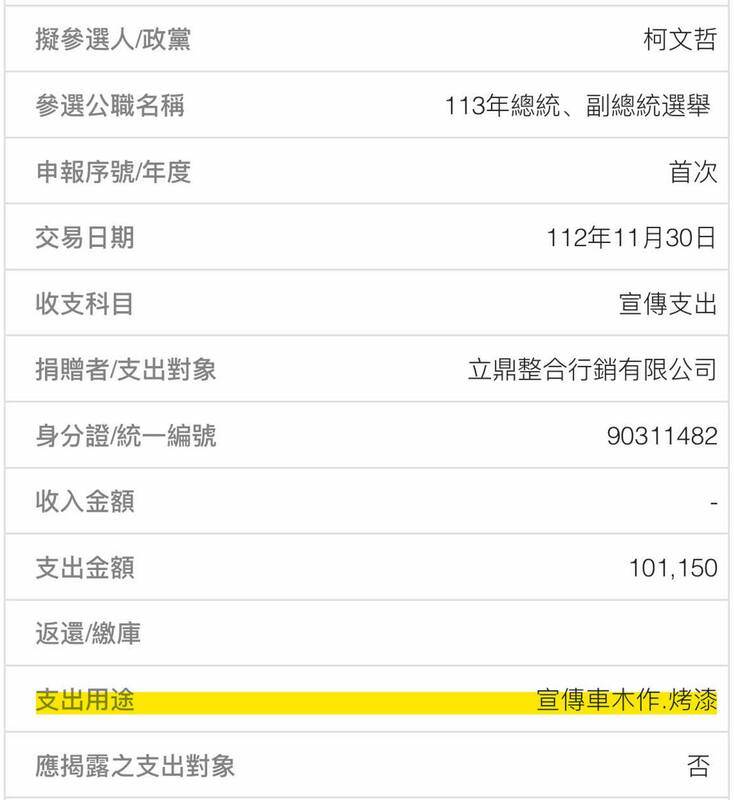 四叉貓查帳發現，木可改裝車輛的10萬元是由柯競辦出錢的。   圖：翻攝自劉宇臉書