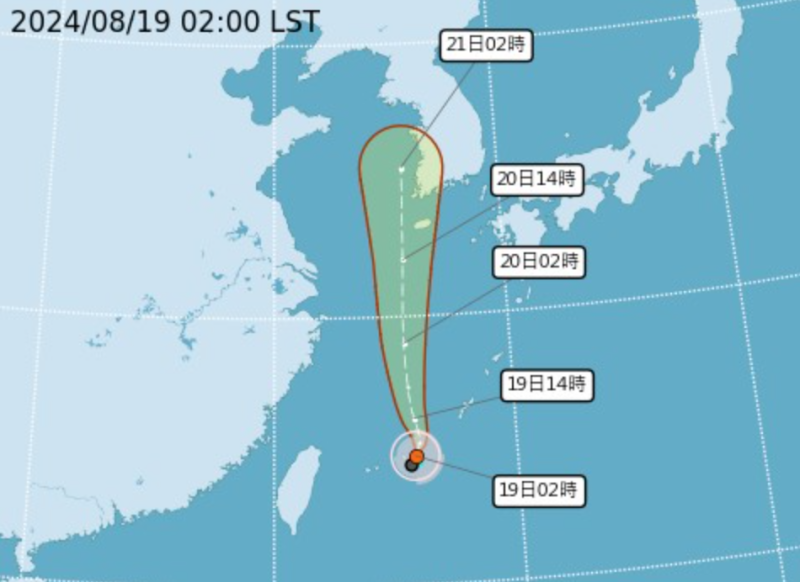 雲雀颱風在今(19)日凌晨生成，路線往北移動，不會直接影響台灣。   圖：翻攝自中央氣象署