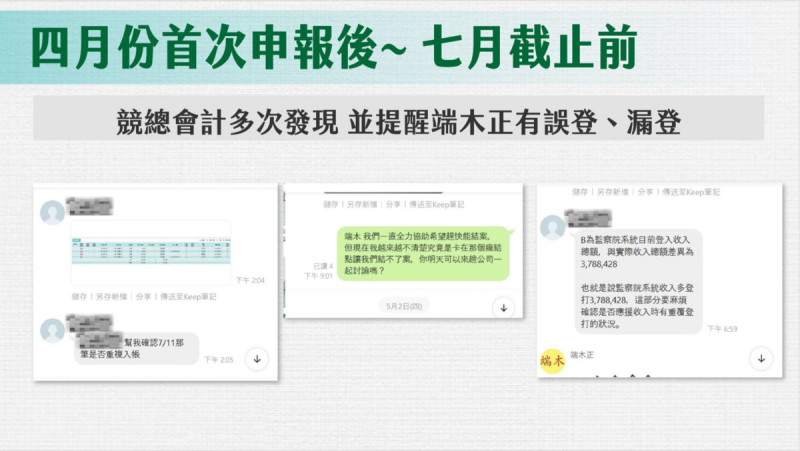 民眾黨出示，競總會計人員曾多次提醒會計師端木正及其陳姓助理申報監察院帳務有誤。   圖：民眾黨 / 提供