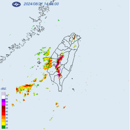 今(21)日大台北、南投地區及桃園、雲林至屏東山區有局部大雨發生的機率，須注意雷擊及強陣風。   圖：翻攝自中央氣象署官網