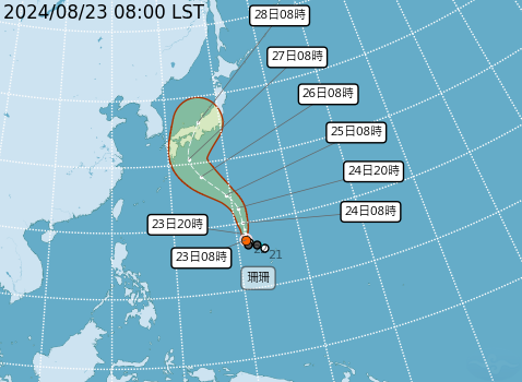 珊珊颱風預計明天增強為中度颱風，朝日本前進，預計下周一、下周二影響日本最多。   圖：翻攝自中央氣象署