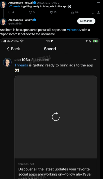 技術專家在Threads的程式碼中發現了一組JSON檔案，其中包含了關於「贊助廣告貼文」的相關資訊。   圖：翻攝於Alessandro Paluzzi X平台