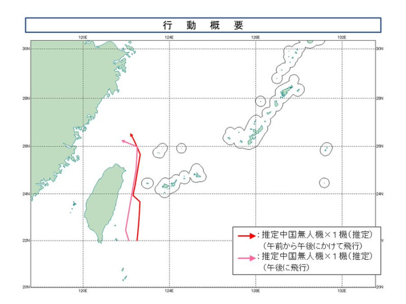 日本防衛省統合幕僚監部23日通報，2架推斷為中國無人機飛行器，從台灣東部的太平洋海域，經沖繩與那國島和台灣之間，飛向東海。   圖：翻攝mod.go.jp