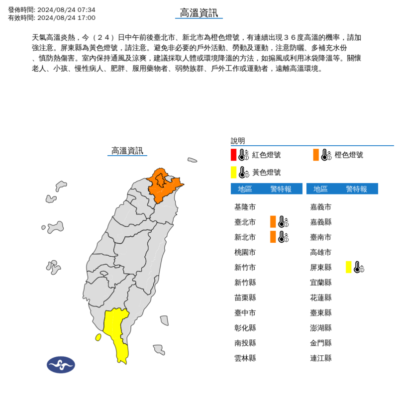 氣象署表示，今(24)日中午前後台北市、新北市為橙色燈號，有連續出現36度高溫的機率。   圖：氣象署 / 提供