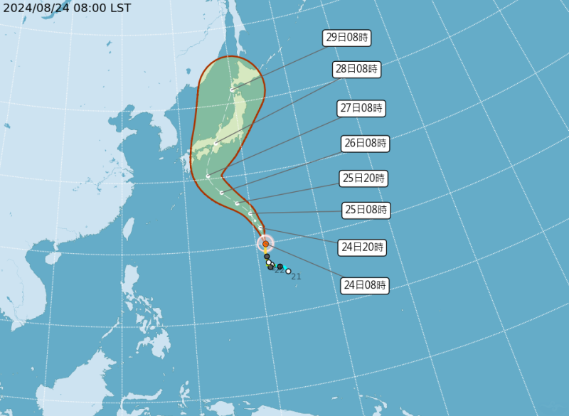 氣象署於 今(24) 日 8 時發布最新颱風動態，珊珊颱風中心位置在北緯 20.0 度、東經 141.4 度，以每小時 22 公里速度朝北移動。   圖：氣象署／提供