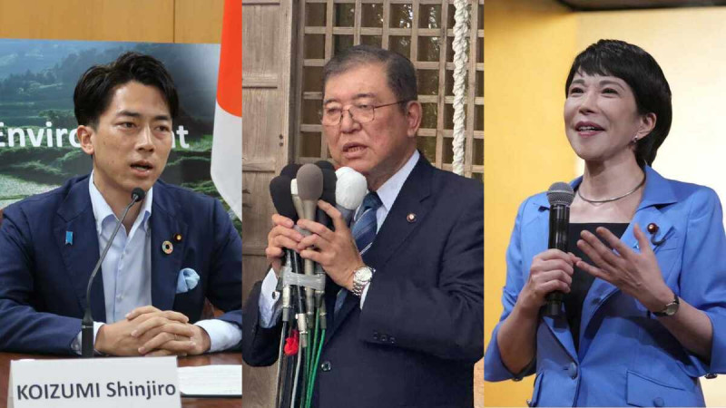 自民黨前幹事長石破茂(中)、經濟安全保障擔當大臣高市早苗(右)、前環境相小泉進次郎(左)爭日本自民黨總裁大位，第一輪投票小泉進次郎已遭淘汰。   圖 : 翻攝自X帳號@takaichi_sanae、@shigeruishiba、@shinjirokoiz (新頭殼合成)