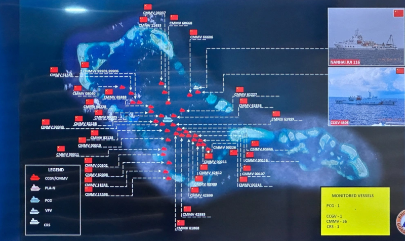 目前南海仙賓礁佈滿了中國船隻，菲律賓難以進行補給任務。   圖 : 翻攝自騰訊網