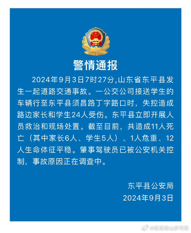 事故發生後，當地警方發布警情通報，稱已經逮捕肇事駕駛，目前正在針對該起案件進行調查。   圖：翻攝自 我見青山多可笑 微博帳號