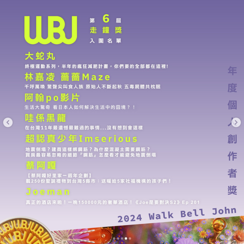 最大獎「年度個人創作者獎」由大蛇丸、薔薔、阿翰、黑龍、超認真少年、蔡阿嘎、Joeman角逐。   圖：翻攝自走鐘獎IG