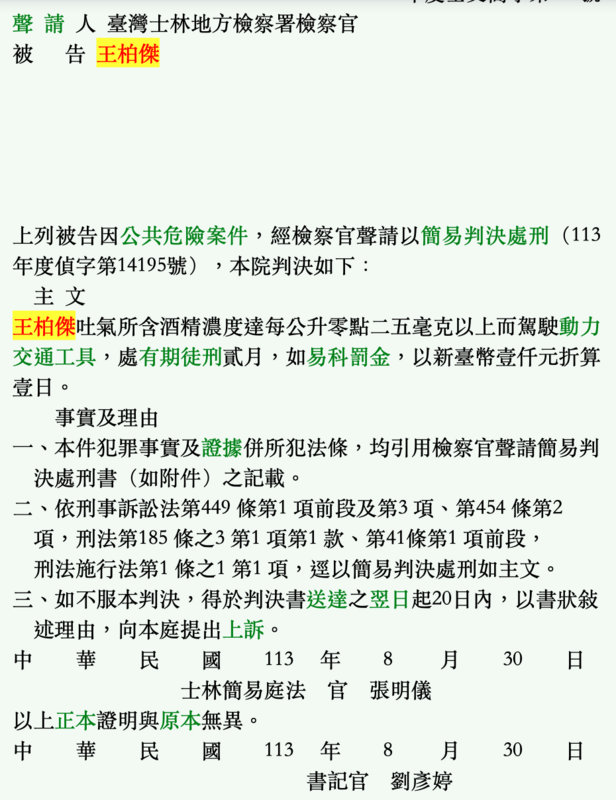 今(4)日判決結果出爐，士林地方法院依公共危險罪，判處王柏傑2個月有期徒刑，可易科罰金。   圖：翻攝自司法院官網