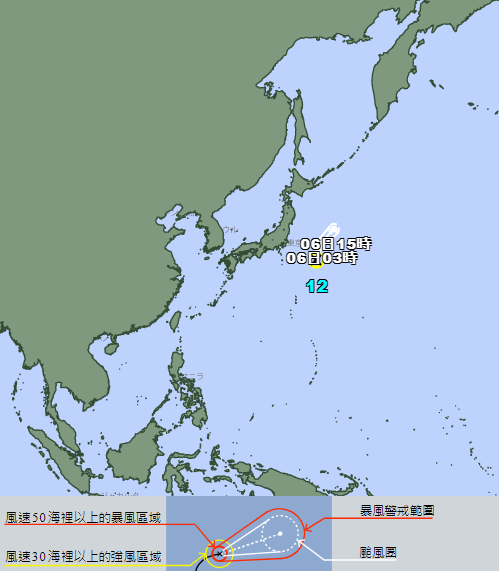 根據日本氣象廳資料顯示，原來位於日本東南方海面的熱帶性低氣壓，增強發展為12號颱風「麗琵」。   圖：翻攝自日本氣象廳官網