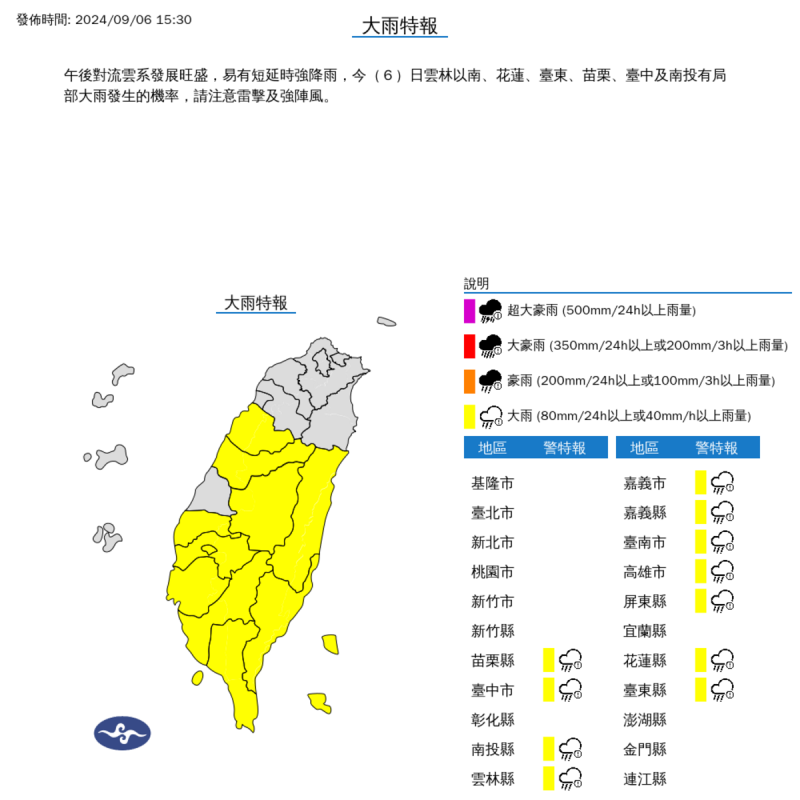 氣象署今（6）日下午對多個縣市發布大雷雨即時訊息和 11 個縣市大雨特報。   圖：氣象署／提供