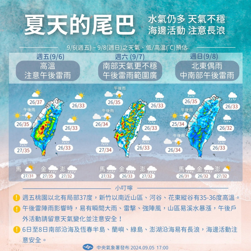 中央氣象署提醒，今天午後防大雷雨。    圖/中央氣象署提供