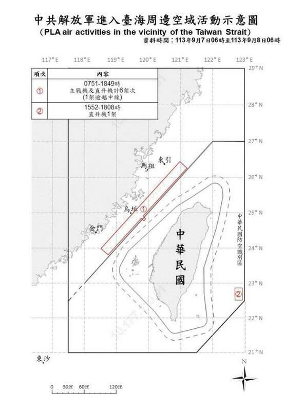 國防部偵獲7架次共機，其中2架次逾越台灣海峽中線及進入東部空域。   圖/國防部