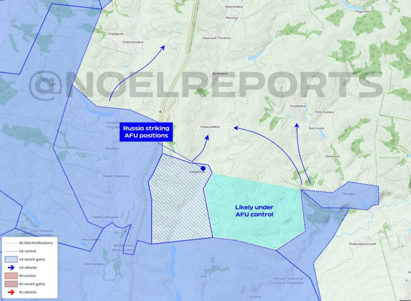 烏軍佔領了奈德諾夫，並向卡梅舍夫卡進攻。   圖：翻攝自 NOELREPORTS X 帳號