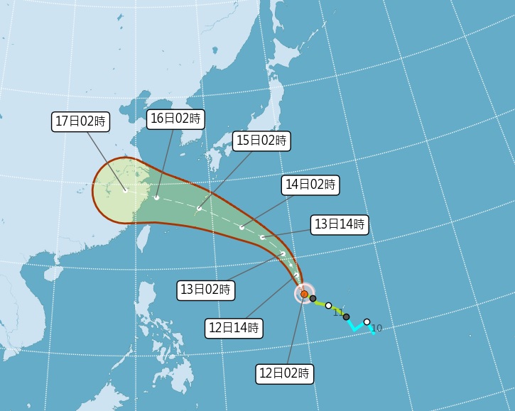 輕度颱風「貝碧佳」未來朝西北方向前進，週末將接近琉球附近海面。   圖：氣象署提供