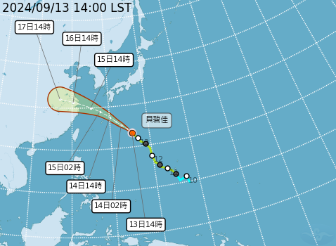 中央氣象署發布13號颱風具碧佳路徑，軍事專家推論由於海象變差，德艦快馬加鞭通過台海。   圖：翻攝cwa.gov.tw