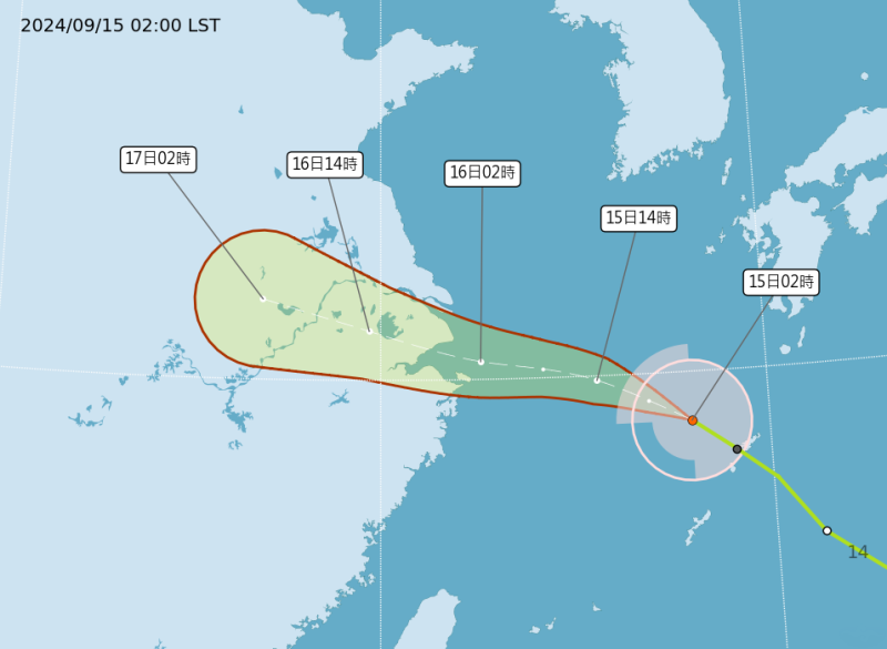 貝碧佳增強為中颱，今（15）天距離台灣相對比較近，對台無直接影響，將撲向中國長江口，構成嚴重威脅。   圖：氣象署提供
