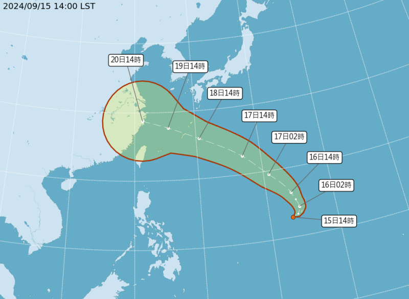 中央氣象署表示，明天清晨至上午增強為「葡萄桑」颱風，未來路徑往琉球群島方向前進，有可能為台灣北部、東半部帶來雨勢。   圖：翻攝自中央氣象署官網