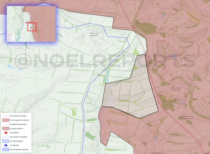  俄軍在庫皮揚斯克方向取得進展，成功佔領了圖中灰色地區。 圖：翻攝自 @NOELreports X 帳號 
