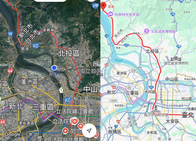 陳智菡發文表示：「從淡水要到立法院的路上都是紅通通的」，但「紅通通的路」實際上是北捷淡水信義線。   圖：翻攝Google map、陳智菡臉書