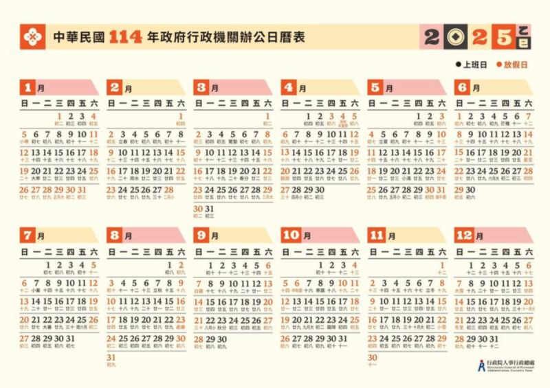 行政院近期核定明年（2025年）政府行政機關辦公日曆表，總放假天數為115天。   圖：翻攝自人事行政總處官網