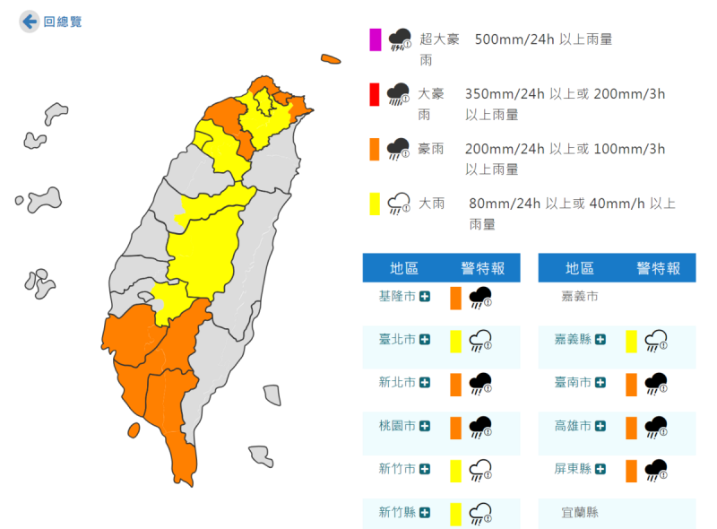 中央氣象署於今（21）日晚間7時50分，針對全台「12縣市」發布大雨特報。   圖:翻攝自中央氣象署