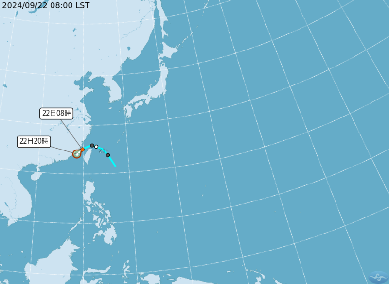 熱帶性低氣壓22日8時位於北緯25.1度，東經119.7度，以時速10公里向西南移動。   圖：氣象署／提供