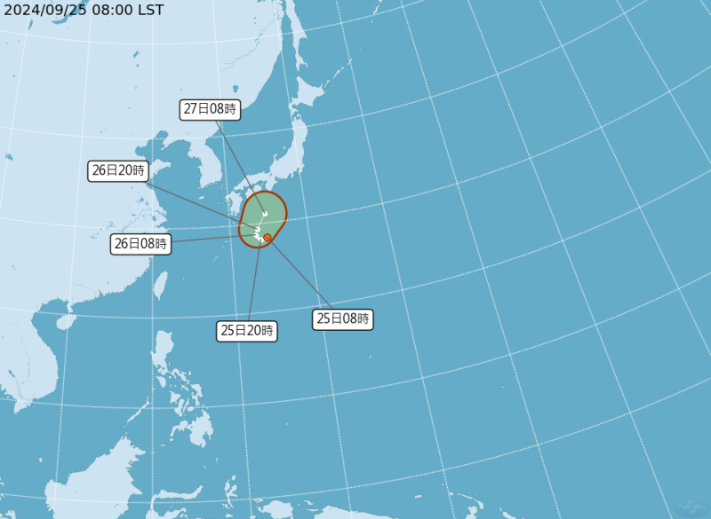 位於日本南方海面的低氣壓，在今(25)日發展為熱帶性低氣壓。中央氣象署說，最快今晚有機會增強為今年第16號颱風「西馬隆」。   圖：翻攝自中央氣象署官網