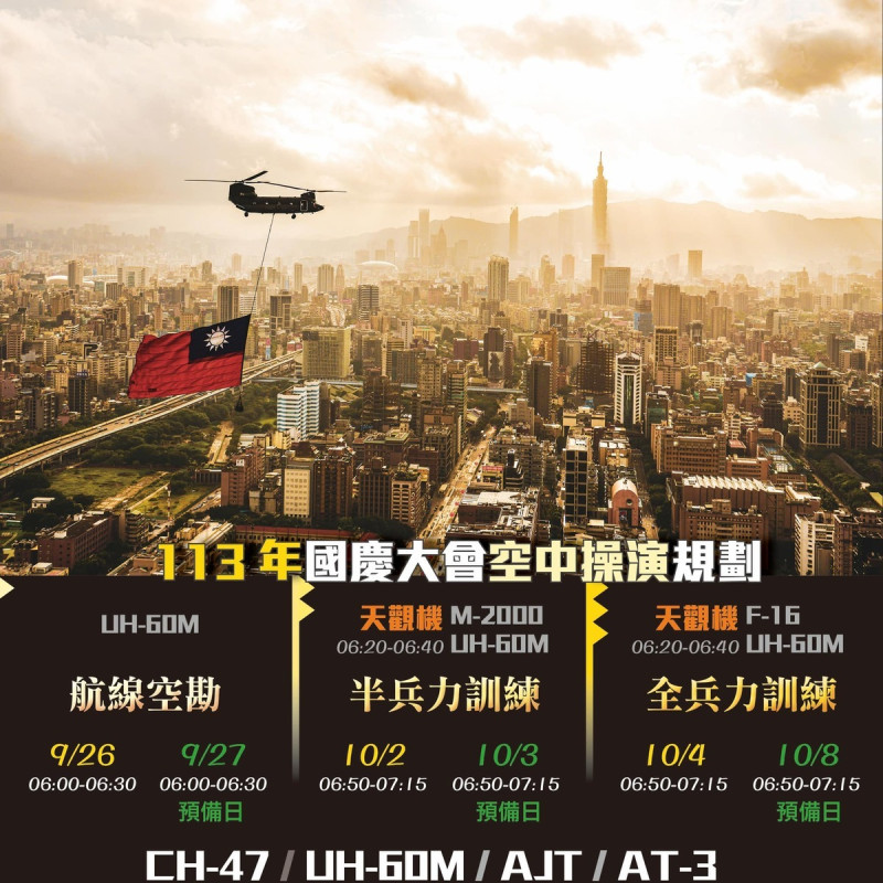 113年國慶大會空中操演試航規畫，26日進行航線空勘揭開序幕。   圖：翻攝「臉書」國防部發言人粉絲專頁