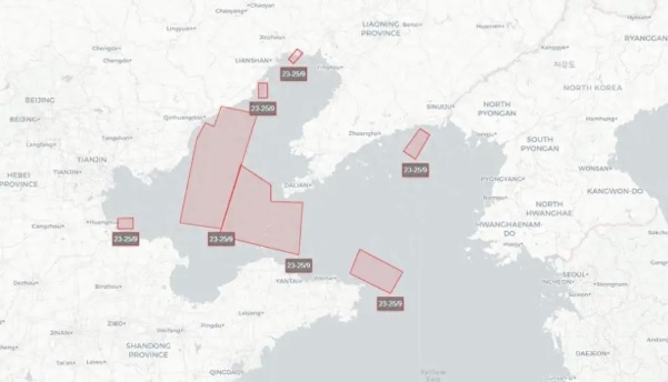 中國政府劃定的 7 個禁航區中，大多都在渤海灣範圍內。   圖：翻攝自 空天力量