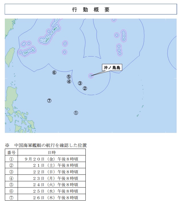 解放軍航空母艦「遼寧號(舷號16)」在西太平洋活動，日本防衛省監控，20至26日都在沖之鳥礁西側、西南側活動。   圖：翻攝mod.go.jp