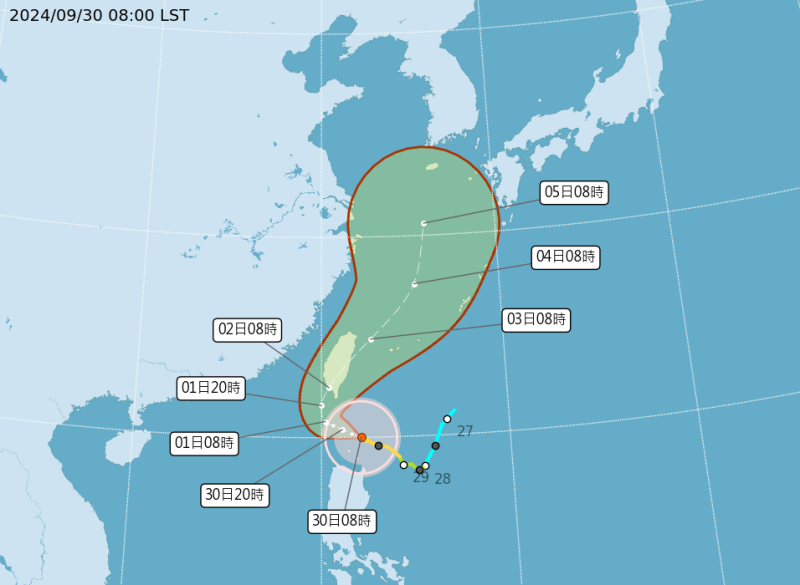 中度颱風山陀兒持續往台灣接近，目前已在鵝鑾鼻的南南東方約220公里處。   圖：翻攝自中央氣象署官網