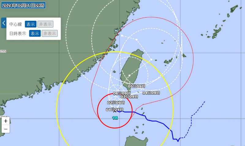 日本氣象廳預報資料顯示，山陀兒颱風將可能在台南高雄一帶登陸，且出海後仍可能在台灣東北部到北部海域迴轉。   圖：日本氣象廳