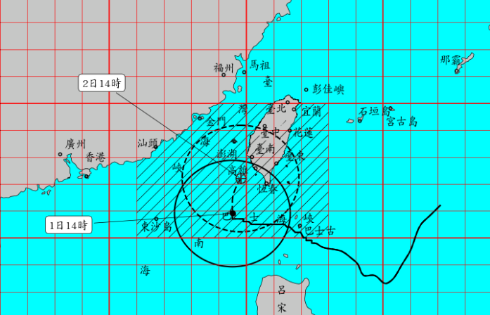 根據中央氣象署今(1)日17時資料，目前在高雄的南南西方約190公里處，颱風也稍微加速，以每小時6轉11公里速度。因此氣象署將陸警範圍擴大2縣市。   圖：翻攝自中央氣象署官網