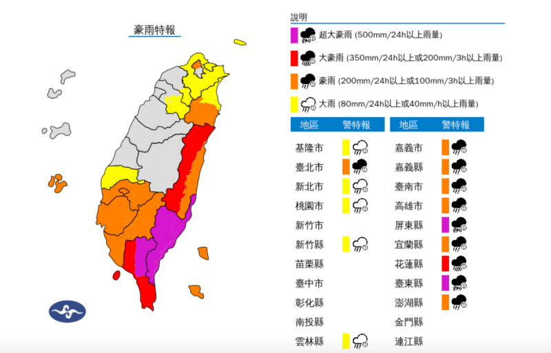 豪雨特報。   圖：翻攝自中央氣象署官網