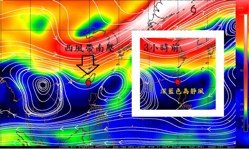 山陀兒颱風的環境場，西風開始增強，山陀兒颱風即將偏向東方而動。   圖：翻攝自鄭明典臉書