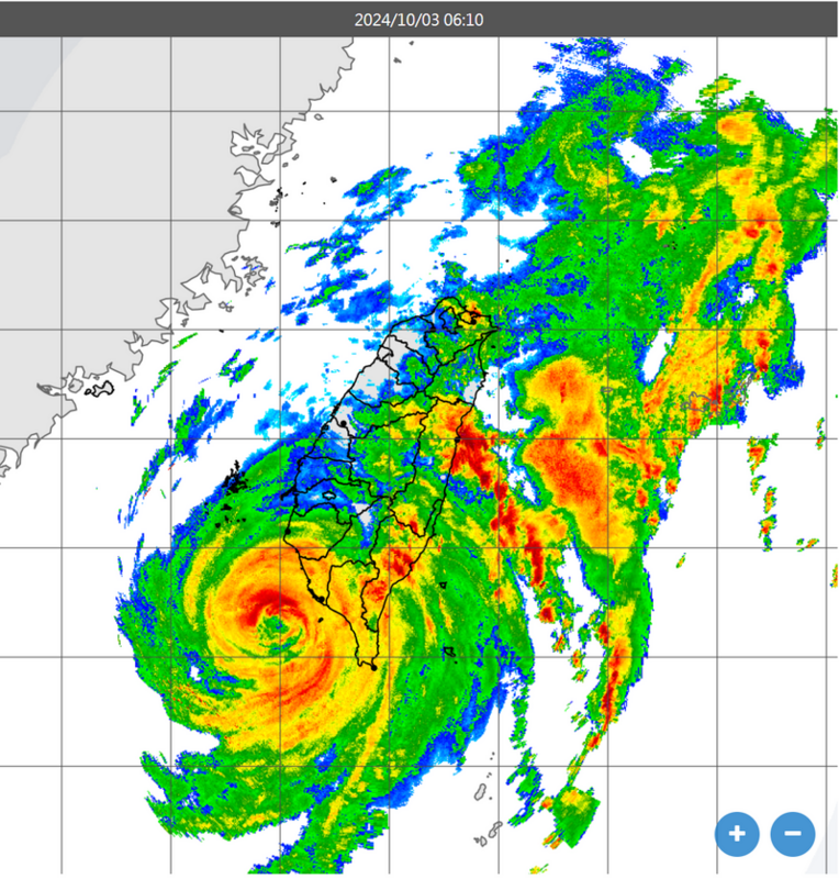 山陀兒颱風持續在高雄西南方龜步行進，對新竹以南、南投及東部、澎湖等區域構成威脅。   圖：氣象署提供