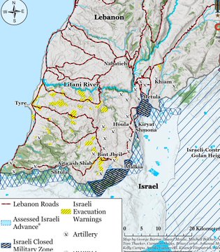 以色列要求居住在利塔尼河南部 10 個區域的黎巴嫩民眾(黃色地區)近早撤離，目前以軍駐紮在黎巴嫩東南部(斜線地區)，網友推測以軍計畫由東向西推進，掌控黎巴嫩南部地區。   圖：翻攝自 @Israelwaronhama X 帳號