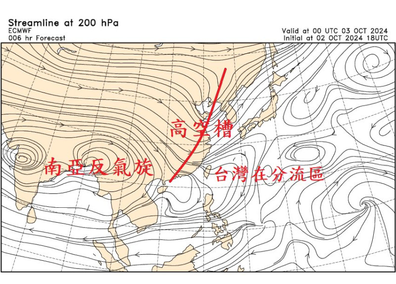 鄭明典分析高空氣流顯示，南亞反氣旋南移，近日高空槽線影響台灣。此氣流型態促使台灣上空對流發展，形成強烈對流雲簇。   圖：翻攝自鄭明典臉書專頁